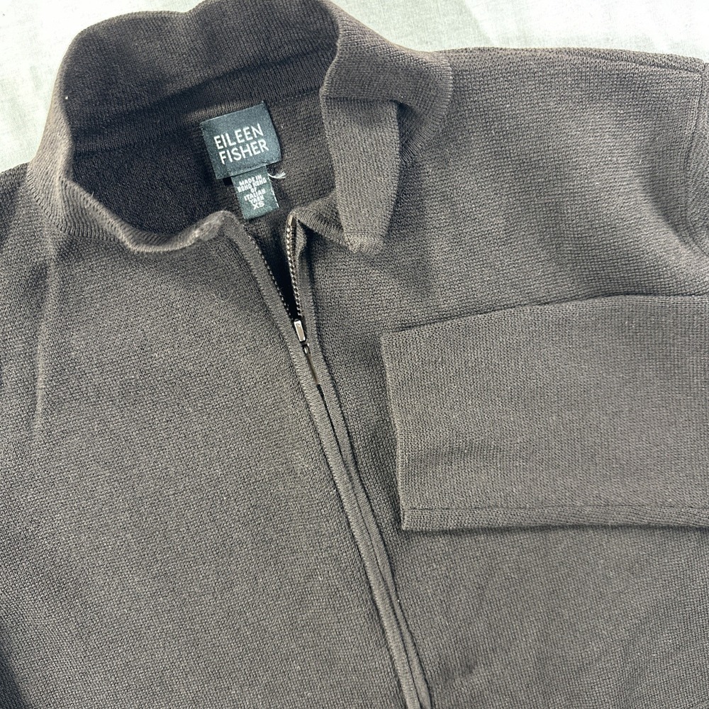 Eileen Fisher Women XS 100% Wool Zip up Cardigan Sweater Jacket Brown Flaw